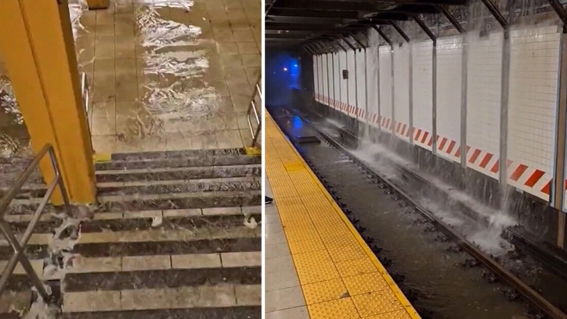 Water rushes down NYC subway station after heavy r