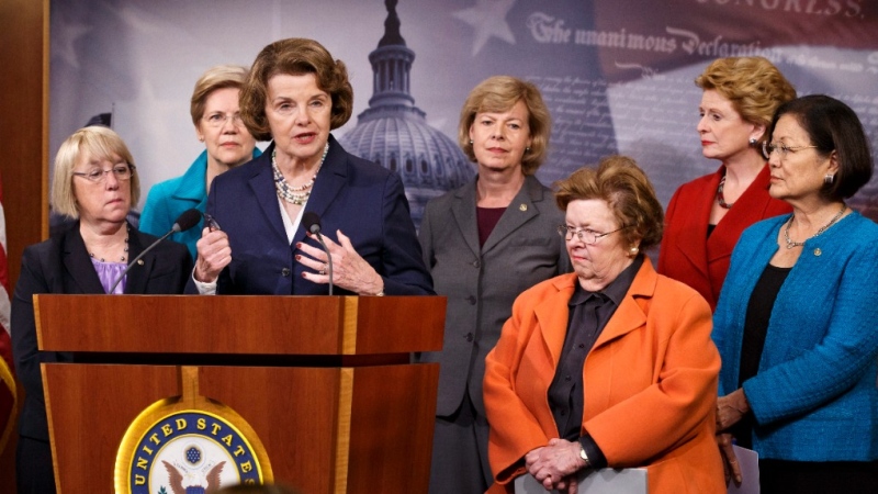 Sen. Dianne Feinstein, D-Calif., and a group of women senators gather at a news conference on Capitol Hill in Washington, Wednesday, June 4,2014, to advocate for a bill by Sen. Elizabeth Warren, D-Mass., the Bank on Students Emergency Loan Refinancing Act, that would allow people with outstanding student loan debt to refinance at the lower interest rates currently offered to new borrowers. From left are, Sen. Patty Murray, D-Wash., Sen. Elizabeth Warren, D-Mass., Feinstein, Sen. Tammy Baldwin, D-Wis., Sen. Barbara A. Mikulski, D-Md., Sen. Mazie K. Hirono, D-Hawaii. Democratic Sen. Dianne Feinstein of California has died. She was 90. (AP Photo/J. Scott Applewhite)
