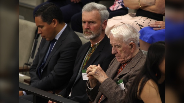 Yaroslav Hunka, right, waits for the arrival of Ukrainian President Volodymyr Zelenskyy in the House of Commons in Ottawa on Friday, Sept. 22, 2023. The University of Alberta is returning endowment funds from the family of Hunka, a Ukrainian man whose military service was linked to the Nazis. (THE CANADIAN PRESS/Patrick Doyle)