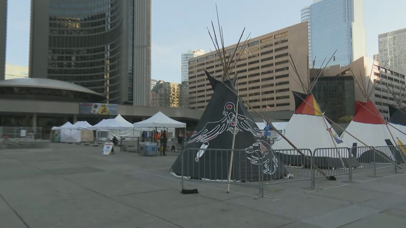 An event commemorating National Truth and Reconciliation Day outside Toronto City Hall on Sept. 30, 2023. (CP24)