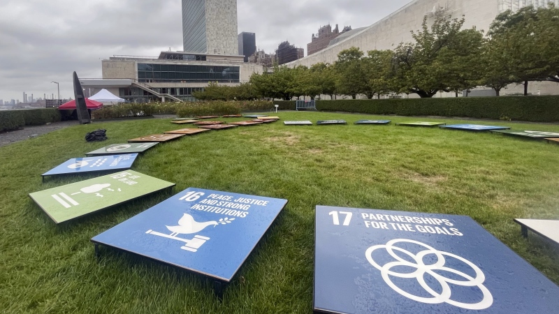 Tiles depicting the United Nations’ Sustainable Development Goals are displayed outside the UN General Assembly Hall at the United Nations, Saturday, Sept. 23, 2023.(AP Photo/Ted Anthony)