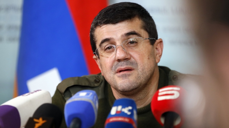 Arayik Harutyunyan, leader of the breakaway region of Nagorno-Karabakh, attends a news conference in Stepanakert, the separatist region of Nagorno-Karabakh, Sunday, Oct. 11, 2020. (AP Photo)