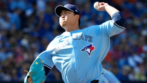 Toronto Blue Jays starting pitcher Hyun Jin Ryu (99) throws during first inning American League MLB baseball action against Tampa Bay Rays in Toronto, Saturday, Sept. 30, 2023. THE CANADIAN PRESS/Frank Gunn