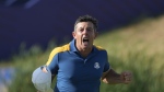 Europe's Rory McIlroy celebrates after winning his singles match against United States' Sam Burns 3&1 on the 17th green at the Ryder Cup golf tournament at the Marco Simone Golf Club in Guidonia Montecelio, Italy, Sunday, Oct. 1, 2023. (AP Photo/Gregorio Borgia)