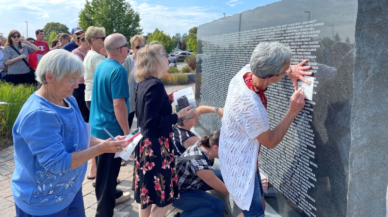 The unveiling of the Memory Wall for COVID-19 pandemic victims at Memory Garden Funeral Home and Cemetery on Oct. 1, 2023. (Hannah Schmidt/CTV Kitchener)