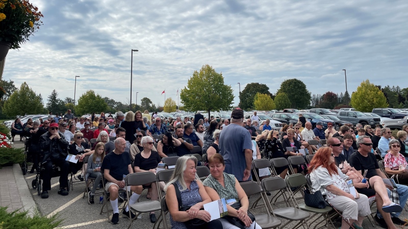 The unveiling of the Memory Wall for lost loved ones at Memory Garden Funeral Home and Cemetery on Oct. 1, 2023. (Hannah Schmidt/CTV Kitchener)