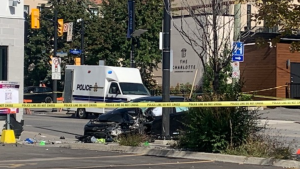 Ottawa police are investigating a fatal crash on Charlotte Street near Rideau Street Oct. 2, 2023. One woman was killed and a second pedestrian was injured after being hit by a vehicle. (Jackie Perez/CTV News Ottawa)