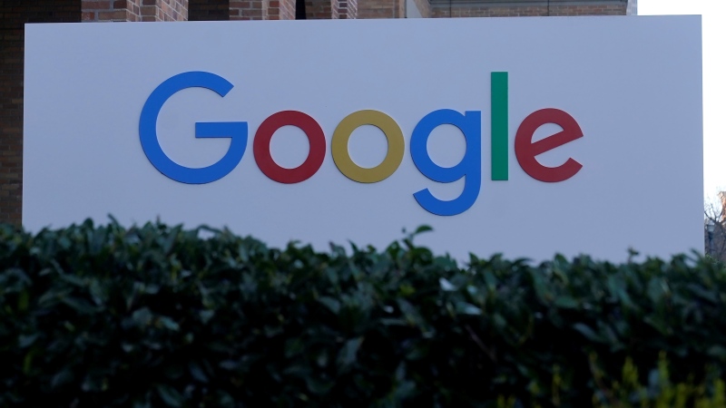 A Google sign is shown at the company's office in San Francisco, on April 12, 2023. (AP Photo/Jeff Chiu)