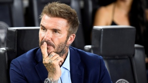 Inter Miami co-owner David Beckham waits for his team to play the Charlotte FC before a Leagues Cup soccer match, Friday, Aug. 11, 2023, in Fort Lauderdale, Fla. (AP Photo/Michael Laughlin)