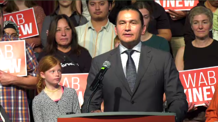 Manitoba NDP leader Wab Kinew speaks in front of party faithful at a rally on Oct. 1, 2023. (Source: Taylor Brock, CTV News)