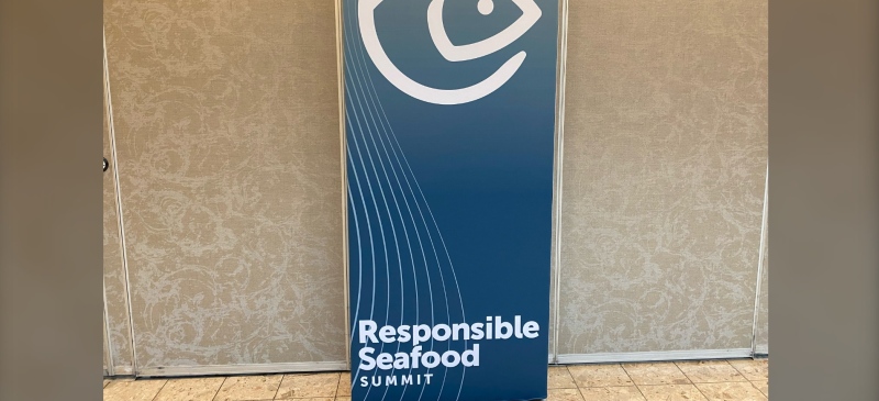 A sign showing the emblem for the Responsible Seafood Summit at the Delta Hotel in Saint John.