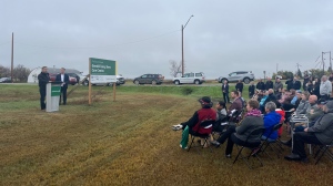 Residents gather at the future site of Grenfell's new long term care home on Oct. 2, 2023. (Hallee Mandryk/CTV News)