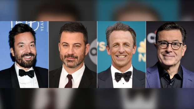 This combination of images shows, from left, Jimmy Fallon, Jimmy Jimmy Kimmel, Seth Meyers, and Stephen Colbert. The late-night hosts are scheduled to return to the air on Monday, Oct. 2, 2023, the first time in five months that they’ll have new shows due the writers strike, which concluded last week. (AP Photo)