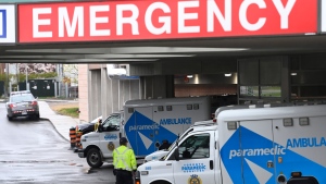 Ambulances sit at the emergency room entrance at the Michael Garron Hospital in Toronto on Thursday, April 29, 2021. THE CANADIAN PRESS/Frank Gunn