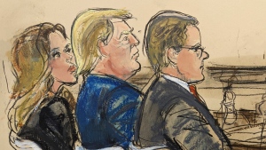 This courtroom sketch shows defendant former President Donald Trump, center, seated between his lawyers Alina Habba, left, and Christopher Kise, right, during his fraud lawsuit trial, Monday, Oct. 2, 2023, in New York. (AP Photo/Elizabeth Williams)