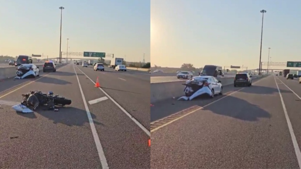 A motorcyclist is in hospital with serious injuries and another driver is facing charges after a collision on Highway 410 in Mississauga Tuesday morning. (X/@OPP_HSD)