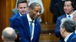 Candidate for Speaker and member of Parliament Greg Fergus shakes hands after delivering a speech in the House of Commons prior to voting on Parliament Hill in Ottawa on Tuesday, Oct. 3, 2023. THE CANADIAN PRESS/Sean Kilpatrick
