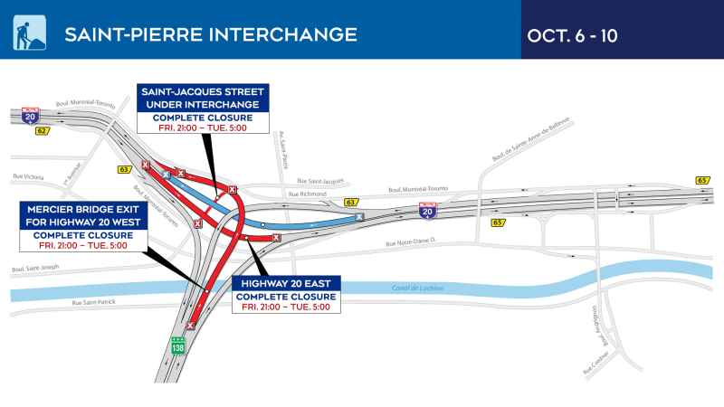 Closures on Highway 20 and in the Saint-Pierre Interchange from Oct. 6 to 10, 2023.