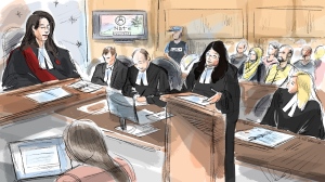 Justice Renee Pomerance, left to right, the accused Nathaniel Veltman, defence lawyer Christopher Hicks, Crown attorney Sarah Shaikh and Crown attorney Jennifer Moser attend court in Veltman's trial in Windsor, Ont., in this Tuesday, Oct. 3, 2023 courtroom sketch. THE CANADIAN PRESS/Alexandra Newbould