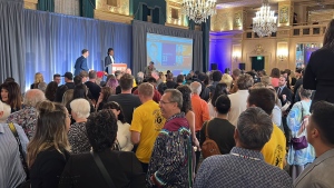 Supporters of the Manitoba NDP gather at the Fort Garry Hotel after polls close during the Manitoba election on October 3, 2023 (Image source: Jill Macyshon/CTV News)