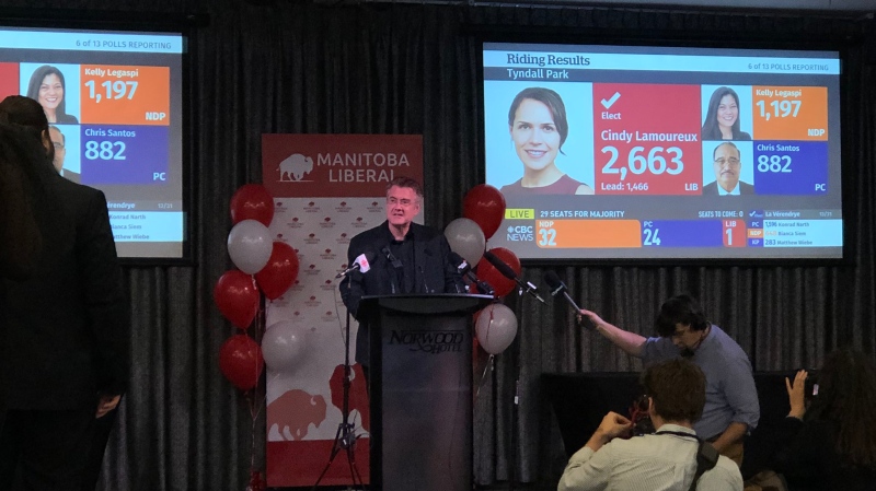 Dougald Lamont steps down as leader of the Manitoba Liberal Party after conceding defeat in the St. Boniface riding (Image source: Michael D'alimonte/CTV News Winnipeg)