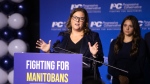 Manitoba Progressive Conservative leader Heather Stefanson announces her resignation as party leader during a speech at the PC election night party in Winnipeg on Tuesday, October 3, 2023. THE CANADIAN PRESS/Daniel Crump.