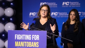 Manitoba Progressive Conservative leader Heather Stefanson announces her resignation as party leader during a speech at the PC election night party in Winnipeg on Tuesday, October 3, 2023. THE CANADIAN PRESS/Daniel Crump.