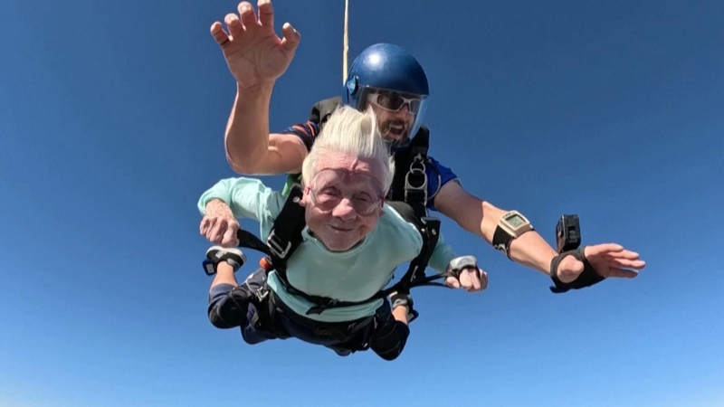 This still from a video shows 104-year-old Dorothy Hoffner skydiving in Ottawa, Ill., on Oct. 1, 2023 (Source: Skydive Chicago)  