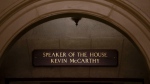 The name of Rep. Kevin McCarthy, R-Calif., remains on the sign at the entrance of the offices of the Speaker of the House on Capitol Hill, Wednesday, Oct. 4, 2023 in Washington, one day after he was ousted from the Speaker's position. (AP Photo/Mark Schiefelbein)