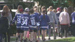 Students from Muskoka Beechgrove Public School head out to watch the Toronto Maple Leafs practice at the Centennial Centre in Gravenhurst, Ont., on Wed., Oct. 4, 2023. (CTV News/Ian Duffy)