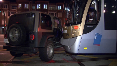 A Bombardier streetcar, on loan from Brussels, Belgium, collided with a Jeep in False Creek on Friday, Feb. 19, 2010. (CTV)