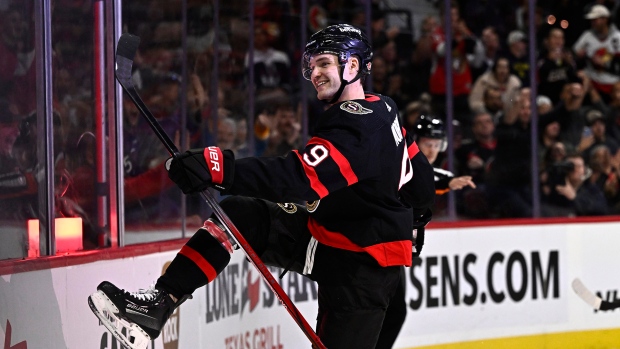 Ottawa Senators centre Josh Norris (9) celebrates his goal against the Washington Capitals during first period NHL hockey action in Ottawa, on Wednesday, Oct. 18, 2023. (Justin Tang /THE CANADIAN PRESS)