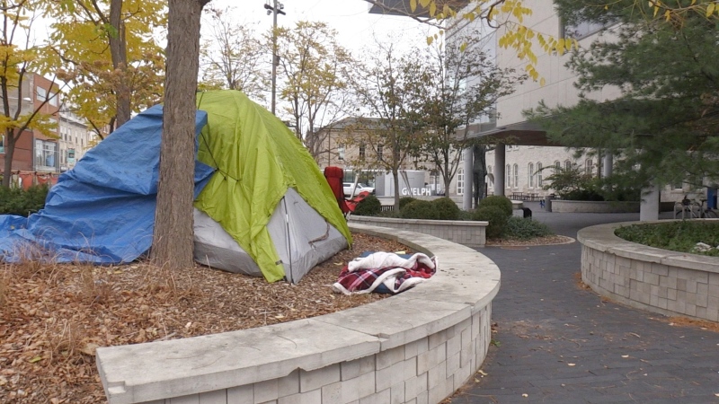 A tent seen outside of Guelph City Hall on Oct. 19. (Colton Wiens/CTV Kitchener)