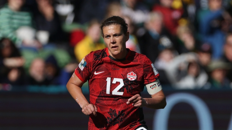 Canada's Christine Sinclair in action during the Women's World Cup Group B soccer match between Nigeria and Canada in Melbourne, Australia, Friday, July 21, 2023. (THE CANADIAN PRESS/AP/Hamish Blair)