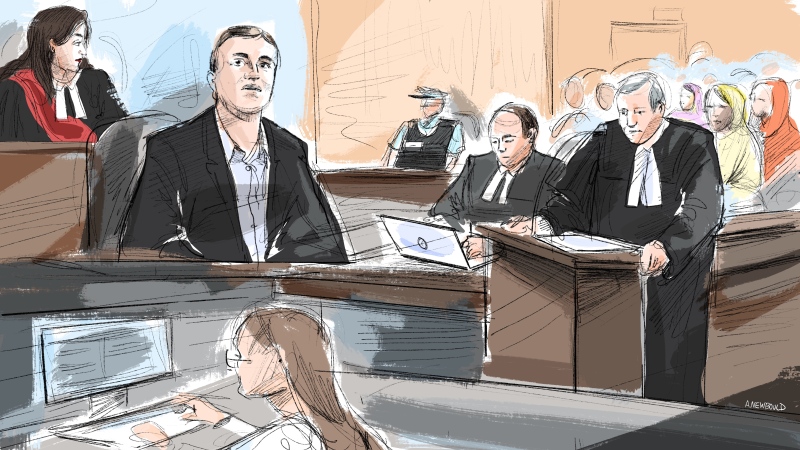 Justice Justice Renee Pomerance, left to right, Nathaniel Veltman, defence lawyers Peter Ketcheson and Christopher Hicks attend court during Veltman's trial in Windsor, Ont., as shown in this Thursday, Oct. 12, 2023 courtroom sketch. THE CANADIAN PRESS/Alexandra Newbould