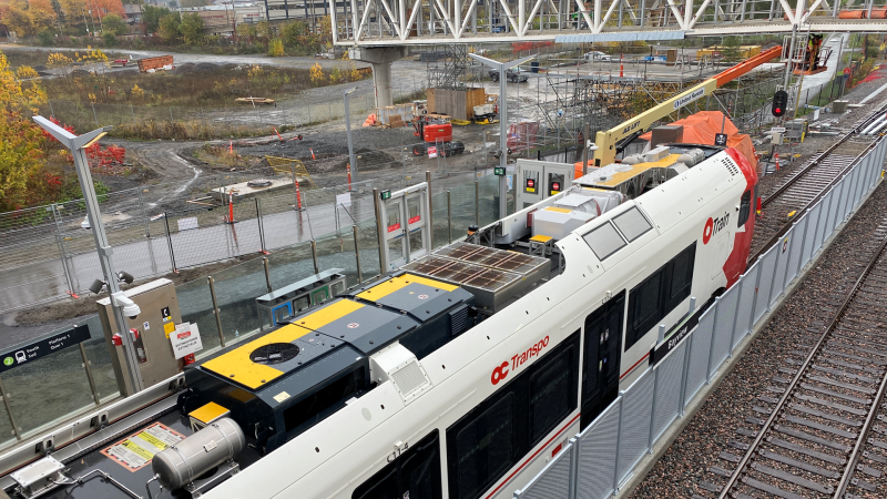 A train sits at Bayview Station as construction continues on the north-south Trillium Line. (Leah Larocque/CTV News Ottawa)