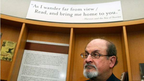 Novelist Salman Rushdie speaks during a tour of an exhibit of his papers at Emory University in Atlanta on Tuesday, Feb. 23, 2010. (AP / John Bazemore)
