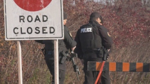 Six Nations police officers are seen on Chiefswood Road in Ohsweken on Nov. 1, 2023. (CTV Kitchener)