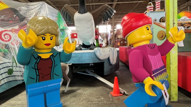 Giant lego people stand in front of a Canada goose on one of the floats children can expect at the 119th Original Santa Claus parade in Toronto. (CTV News Toronto/Kenneth Enlow)