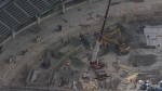 A crane is seen on the floor of the Rogers Centre. Construction is underway on a major overhaul of the 100-level of the Rogers Centre in Toronto during the 2023 baseball offseason. (CTV News Toronto)