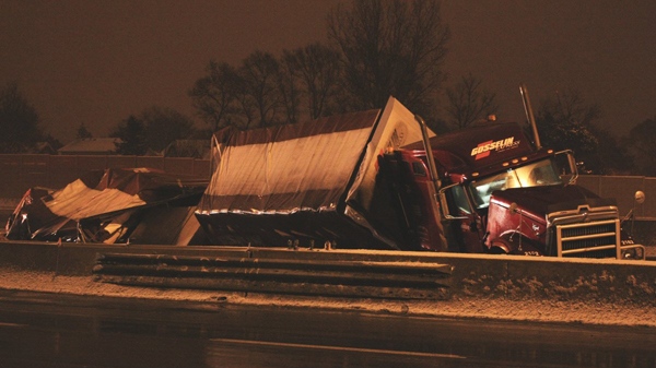 This tractor trailer slammed into the dividing barrier on Hwy. 401 near Yonge Street on Feb. 23, 2010. 