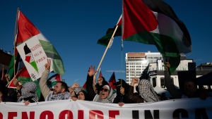 Pro-Palestine protestors are seen during a march for Gaza rally on Parliament Hill in Ottawa on Saturday, Nov. 4, 2023.  (Spencer Colby/THE CANADIAN PRESS