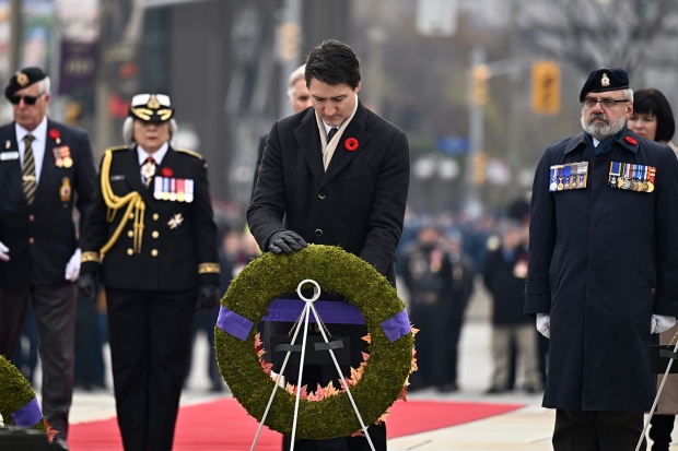 Prime Minister Justin Trudeau participates in the National Remembrance Day Ceremony in Ottawa on Saturday Nov. 11, 2023.  (Justin Tang/THE CANADIAN PRESS)