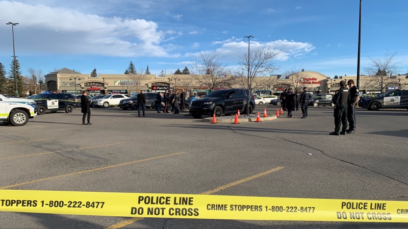Calgary police taped off part of a parking lot, located in the 1400 block of 52 Street N.E., following a shooting that left one man dead. (Nicole Di Donato/CTV News) 
