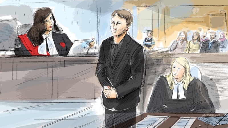 Justice Renee Pomerance, left to right, Veltman, and Crown Prosecutor Kim Johnson are seen as the verdict is read in the Superior Court of Justice in Windsor, Ont., in a courtroom sketch made on Thursday, Nov. 16, 2023. (THE CANADIAN PRESS/Alexandra Newbould)