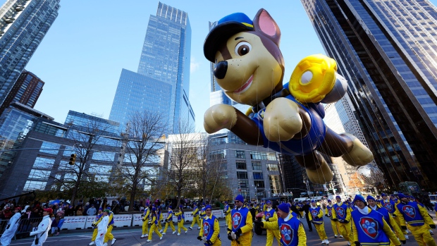 The Paw Patrol balloon floats in the Macy's Thanksgiving Day Parade on Thursday, Nov. 23, 2023, in New York. (Charles Sykes/Invision/AP)