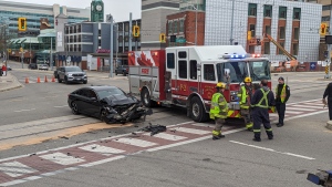 A crash scene at Charles and Benton Streets in Kitchener on Nov. 26, 2023. (Dan Lauckner/CTV Kitchener)