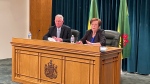 Saskatchewan Finance Minister Donna Harpauer (right) announced on Monday that the province is now predicting a deficit after initial surplus projections. (KatySyrota/CTVNews) 