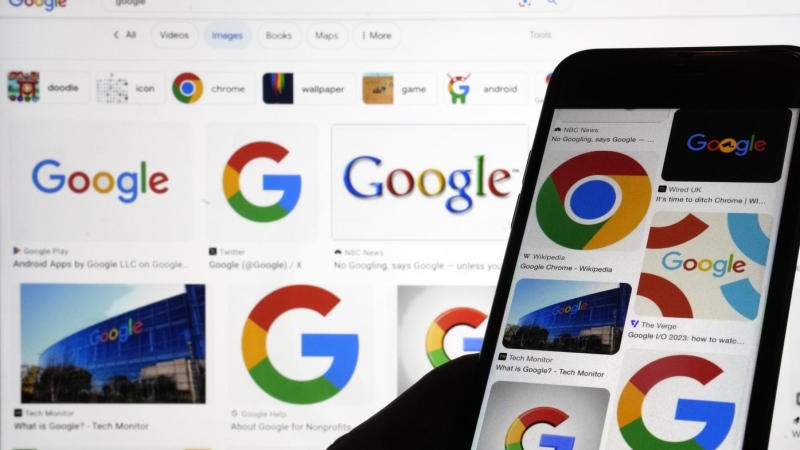 Google logos are shown when searched on Google in New York, Sept. 11, 2023. (AP Photo/Richard Drew, File)
