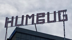 The 'Humbug' sign on One Great City. (Nov. 27, 2023 Source: Scott Andersson/CTV News Winnipeg)